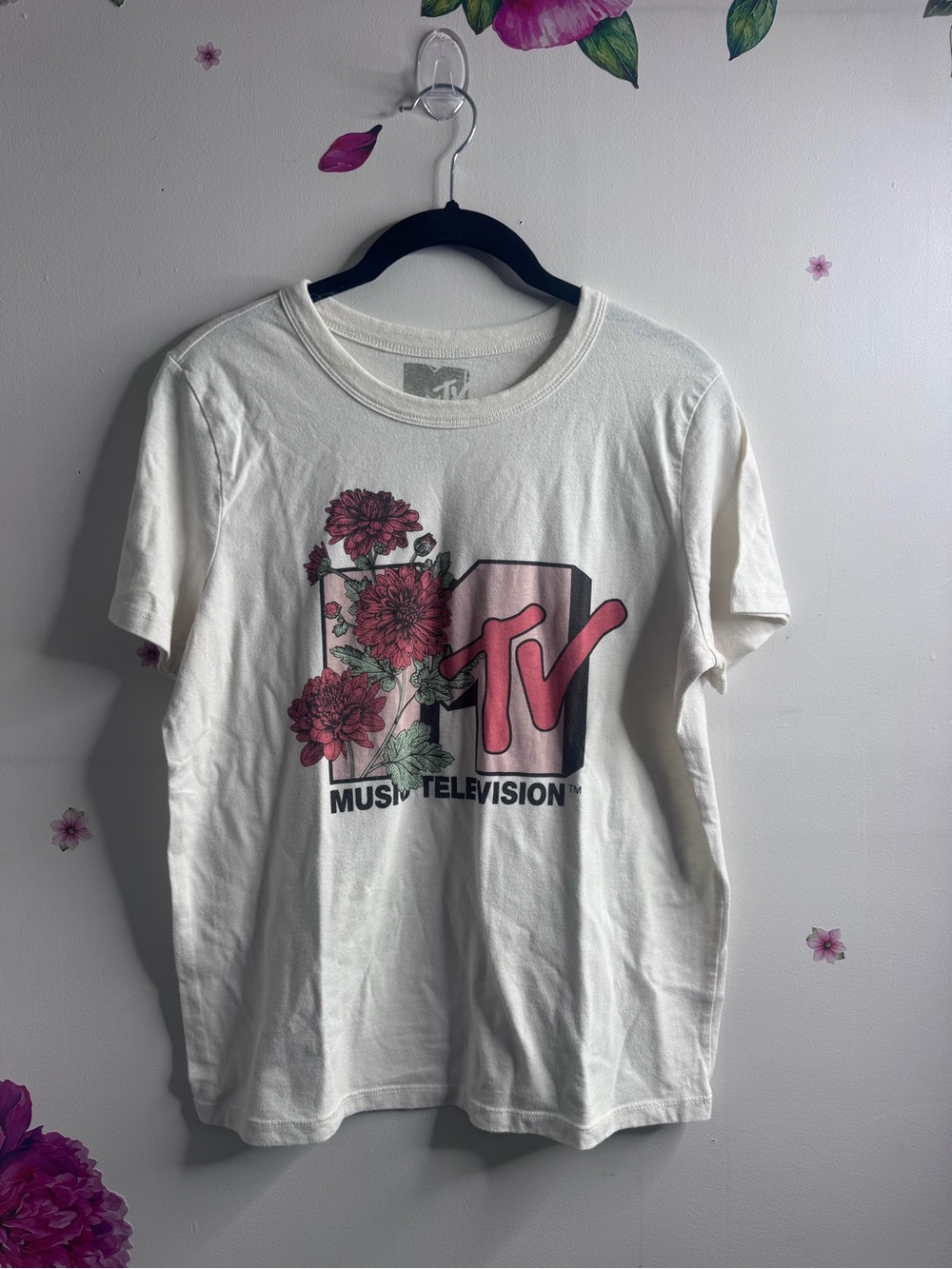 MTV Cream Tee with Pink Floral Logo